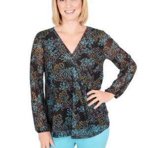 Floral V-Neck Women's Top - Black and Blue